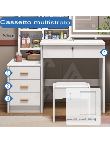 Tavolo da toeletta a LED con specchio scorrevole e sgabello per camera da letto, mobile da ragazza
