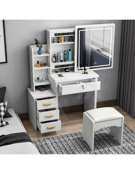 Tavolo da toeletta a LED con specchio scorrevole e sgabello per camera da letto, mobile da ragazza