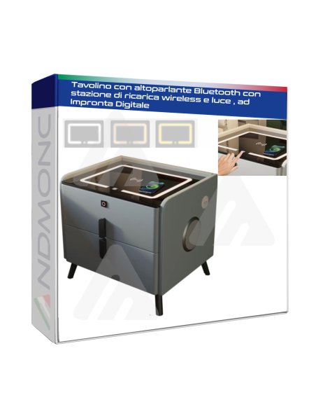 Tavolino con altoparlante Bluetooth , comodino intelligente, con stazione di ricarica wireless e luce, con cassetti