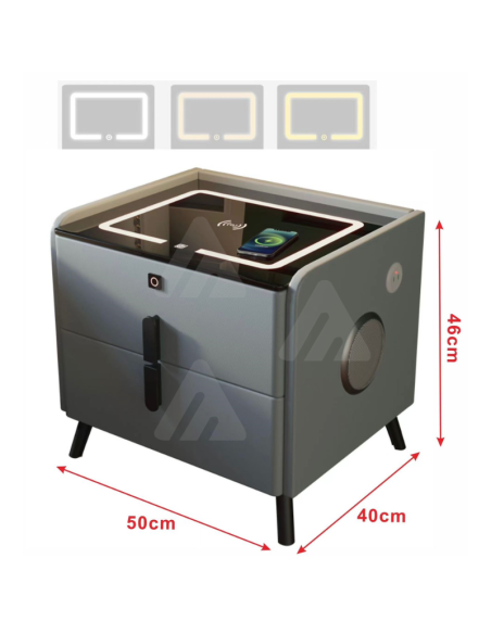 Tavolino con altoparlante Bluetooth , comodino intelligente, con stazione di ricarica wireless e luce, con cassetti