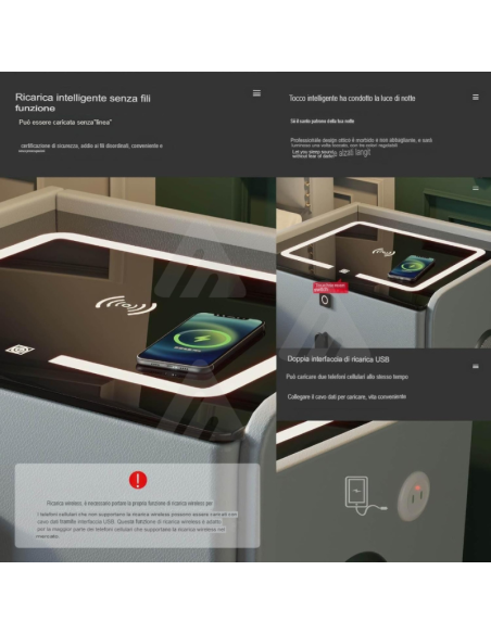 Tavolino con altoparlante Bluetooth , comodino intelligente, con stazione di ricarica wireless e luce, con cassetti