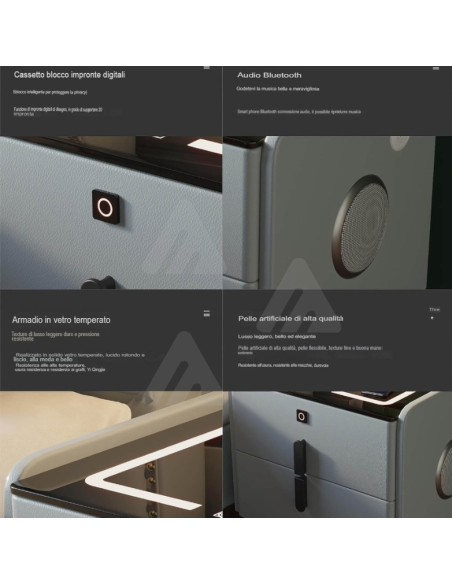 Tavolino con altoparlante Bluetooth , comodino intelligente, con stazione di ricarica wireless e luce, con cassetti