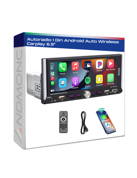 Autoradio 1 DIN Touch android auto wireless carplay 6.9" MP3 gps navigazione