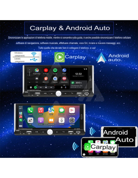 Autoradio 1 DIN Touch android auto wireless carplay 6.9" MP3 gps navigazione