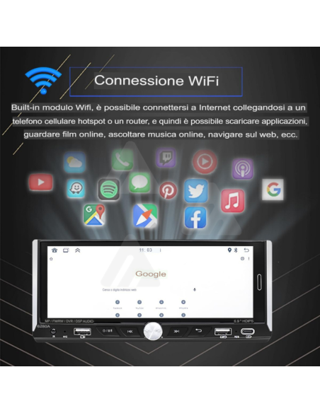 Autoradio 1 DIN Touch android auto wireless carplay 6.9" MP3 gps navigazione