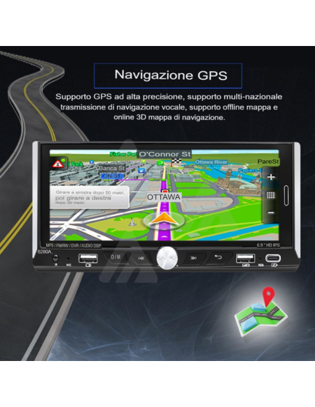 Autoradio 1 DIN Touch android auto wireless carplay 6.9" MP3 gps navigazione