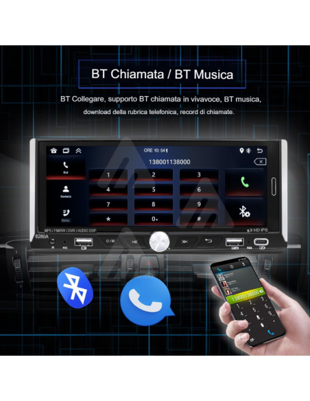 Autoradio 1 DIN Touch android auto wireless carplay 6.9" MP3 gps navigazione