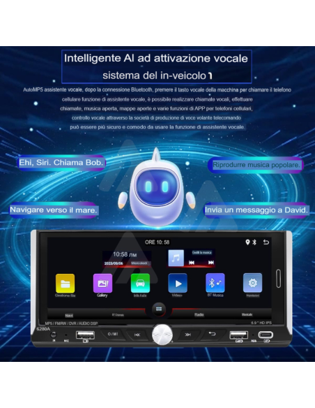Autoradio 1 DIN Touch android auto wireless carplay 6.9" MP3 gps navigazione