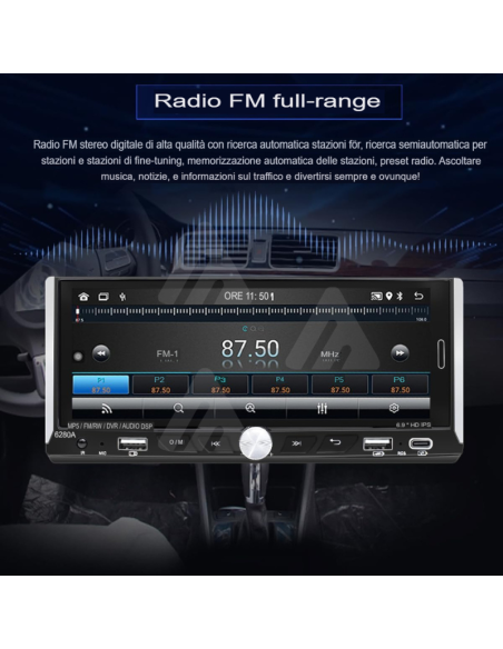 Autoradio 1 DIN Touch android auto wireless carplay 6.9" MP3 gps navigazione