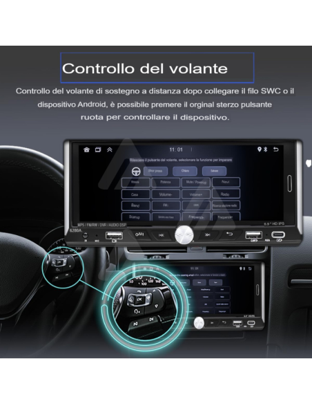 Autoradio 1 DIN Touch android auto wireless carplay 6.9" MP3 gps navigazione
