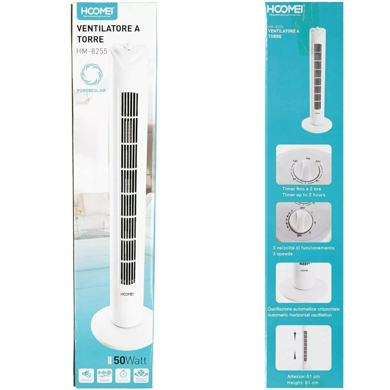 Hoomei HM-8255 Tower Fan – 50 W, 16x16x81 cm