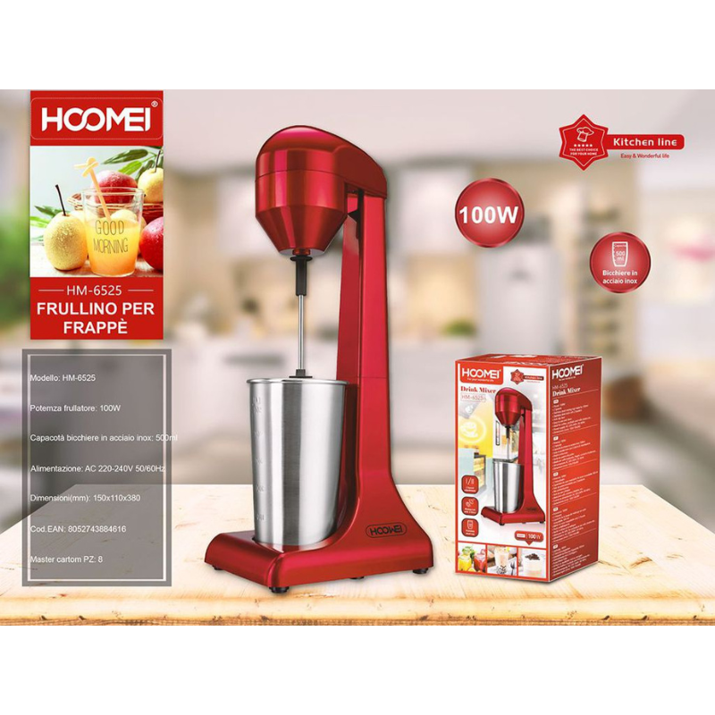 Hoomei HM-6525 Milkshake Maker – 100 W, 500 ml, Red