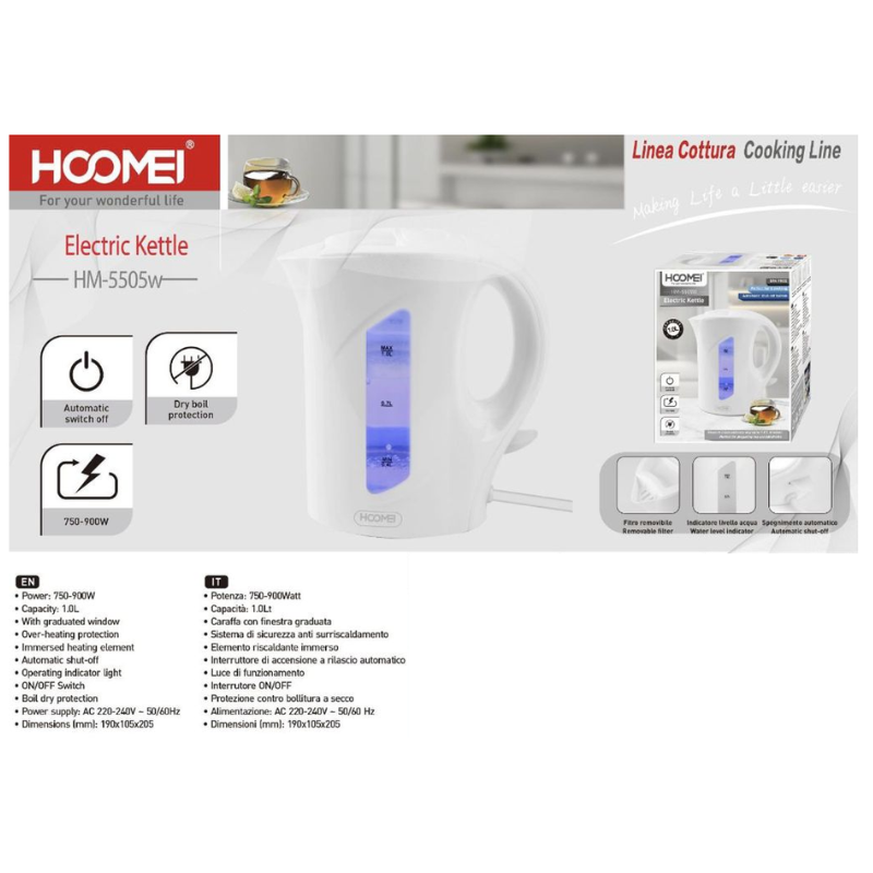 Hoomei HM-5505W Electric Kettle – 750-900 W, 1.0 L