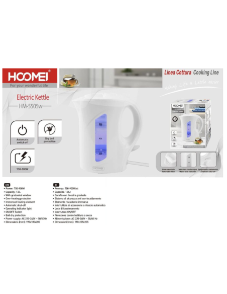 Hoomei HM-5505W Electric Kettle – 750-900 W, 1.0 L