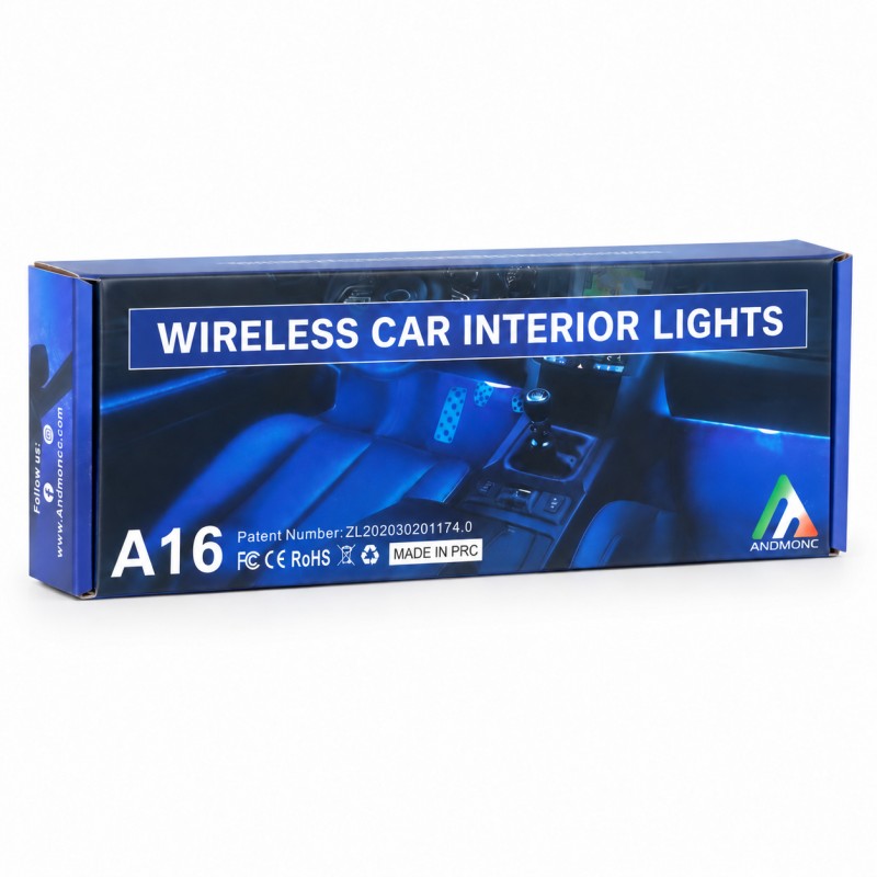 Front of the Andmonc A16 wireless car interior lights box in English