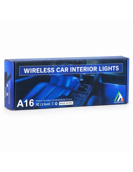 Front of the Andmonc A16 wireless car interior lights box in English