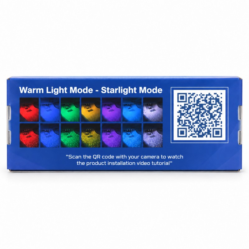 Back of the Andmonc box with lighting examples and installation video QR code