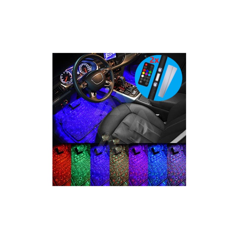 Car footwells illuminated with RGB starlight effects and the included remote