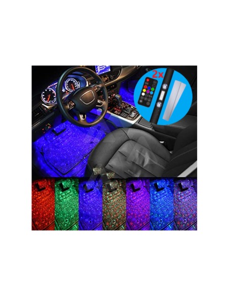 Car footwells illuminated with RGB starlight effects and the included remote