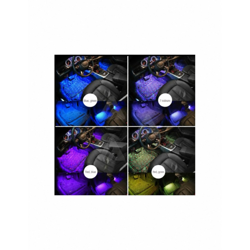 Examples of blue, green, red and multicolour car interior lighting