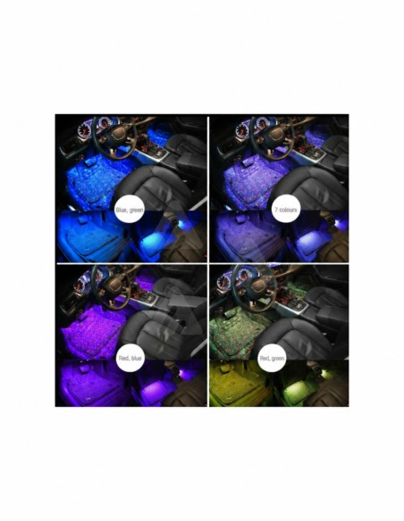 Examples of blue, green, red and multicolour car interior lighting