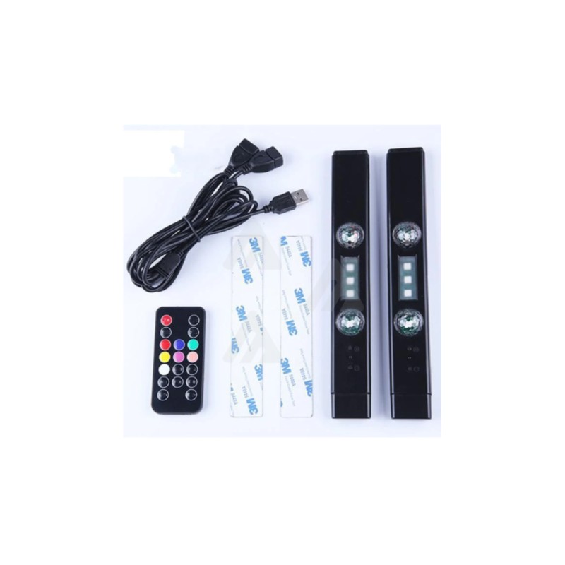 Two RGB LED bars, USB charging cable, remote and adhesive mounting plates