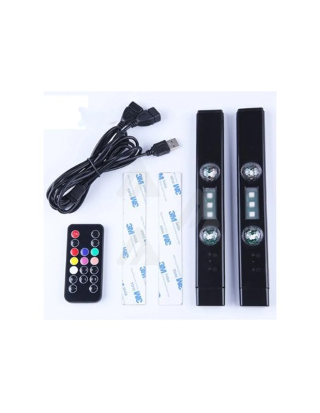 Two RGB LED bars, USB charging cable, remote and adhesive mounting plates