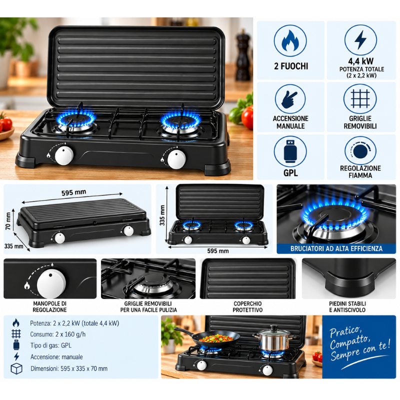 Hoomei HM-568-2T Gas Stove – 4.4 kW, 2 Burners