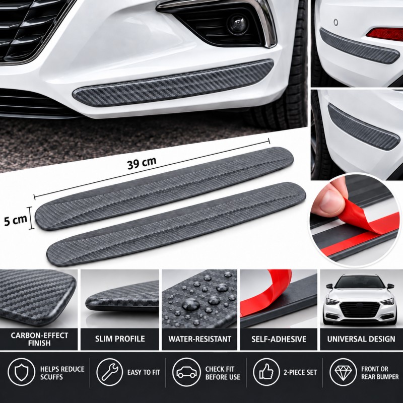 Grey carbon-effect bumper protector strips, 2-pack, 39 x 5 cm - English features