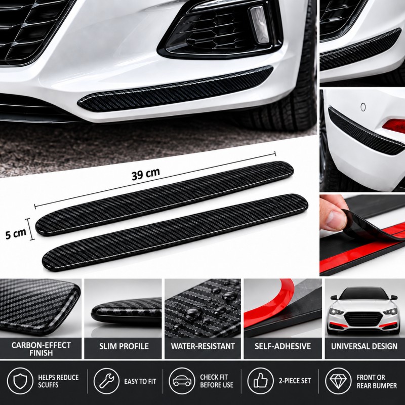 Black carbon-effect bumper protector strips, 2-pack, 39 x 5 cm - English features