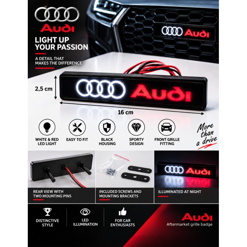 Audi LED front grille emblem, 16 × 2.5 cm - English features