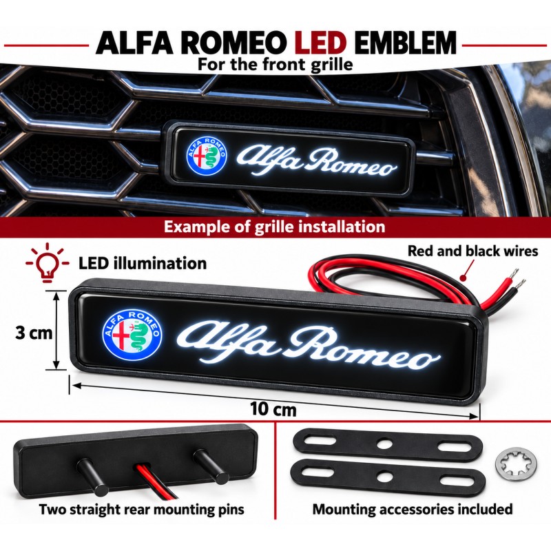 Alfa Romeo LED front grille emblem, 10 × 3 cm - English features