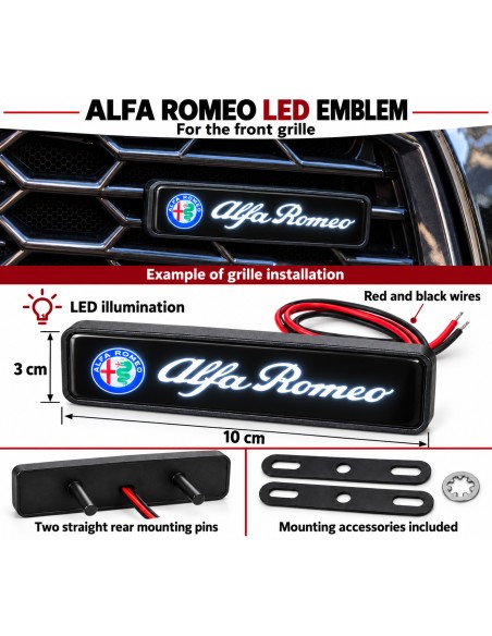 Alfa Romeo LED front grille emblem, 10 × 3 cm - English features