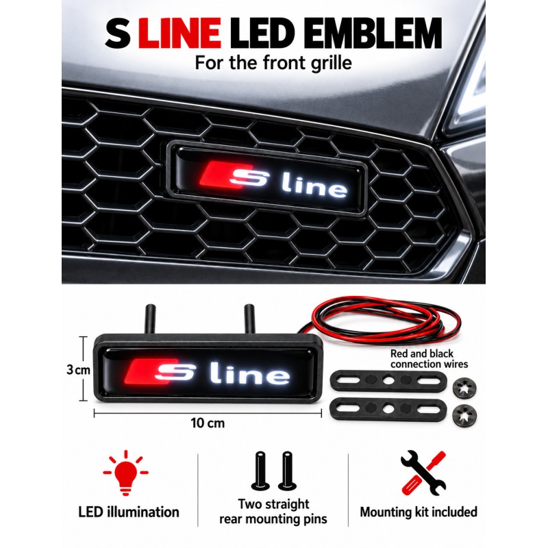 S line LED front grille emblem, 10 × 3 cm - English features