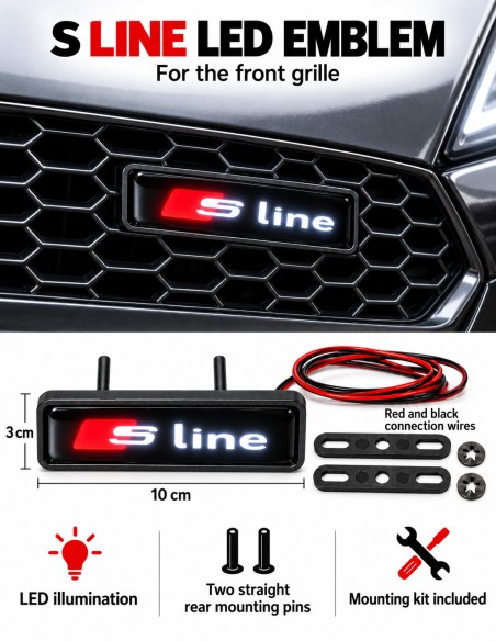 S line LED front grille emblem, 10 × 3 cm - English features