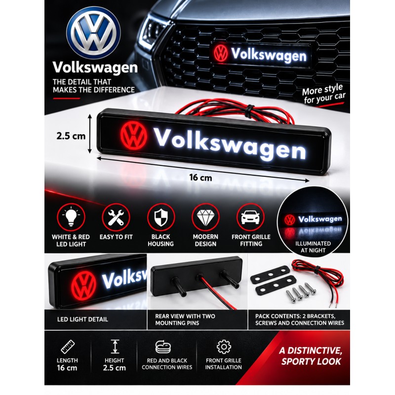 Volkswagen LED front grille emblem, 16 × 2.5 cm - English features