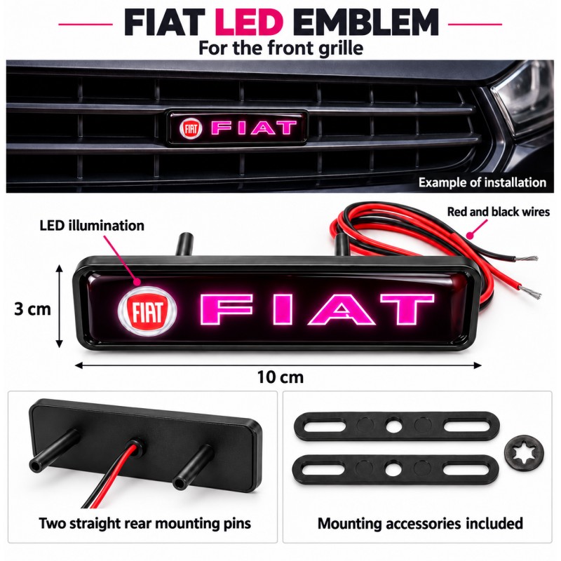 Fiat LED front grille emblem, 10 × 3 cm - English features
