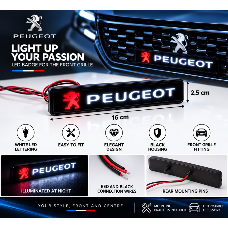Peugeot LED front grille emblem, 16 × 2.5 cm - English features