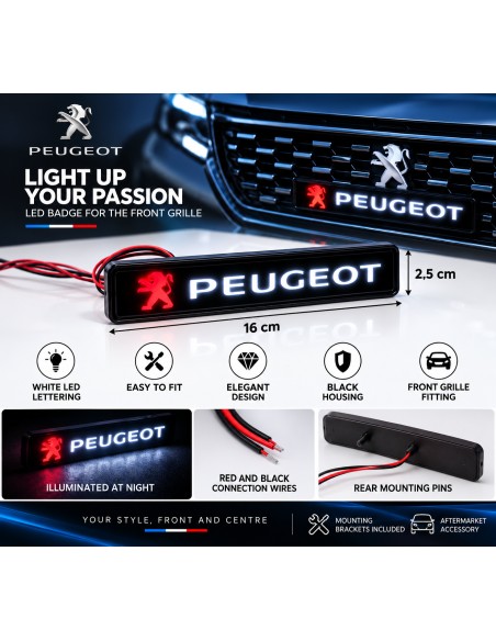 Peugeot LED front grille emblem, 16 × 2.5 cm - English features