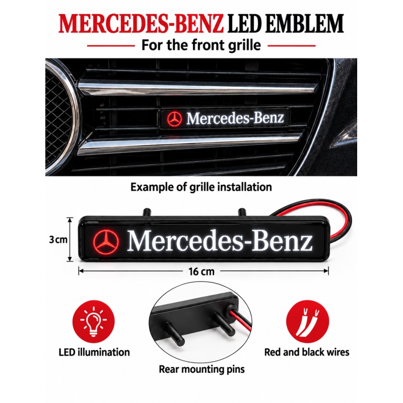 Mercedes-Benz LED front grille emblem, 16 × 3 cm - English features