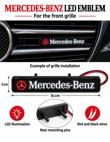 Mercedes-Benz LED front grille emblem, 16 × 3 cm - English features