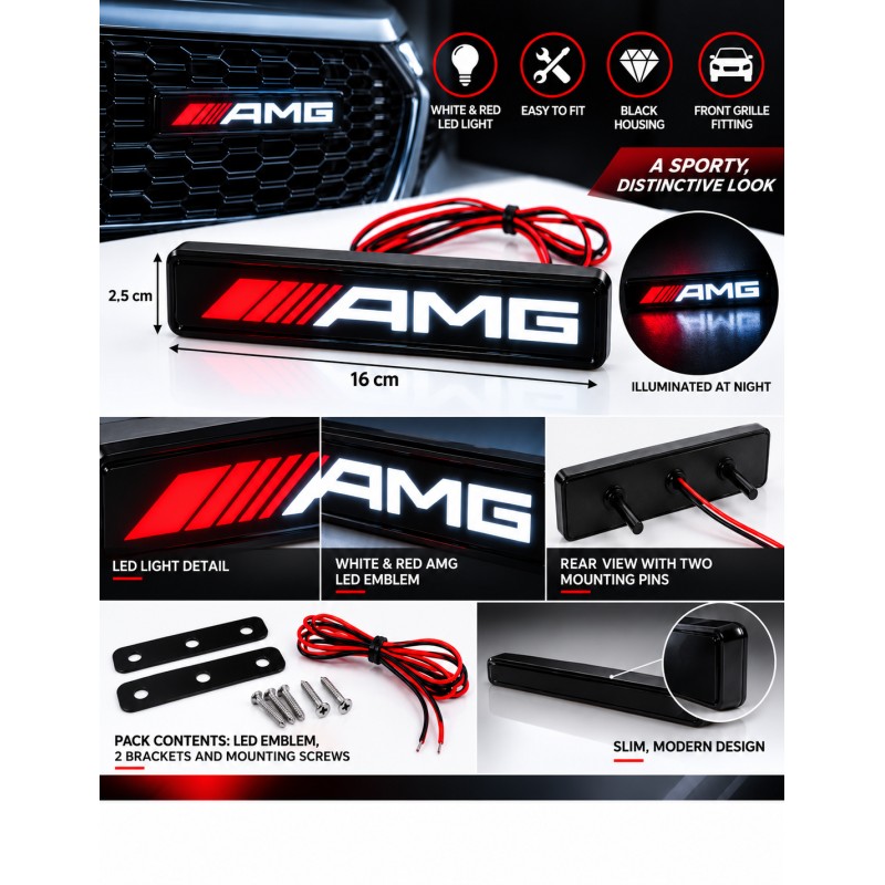AMG LED front grille emblem, 16 × 2.5 cm - English features