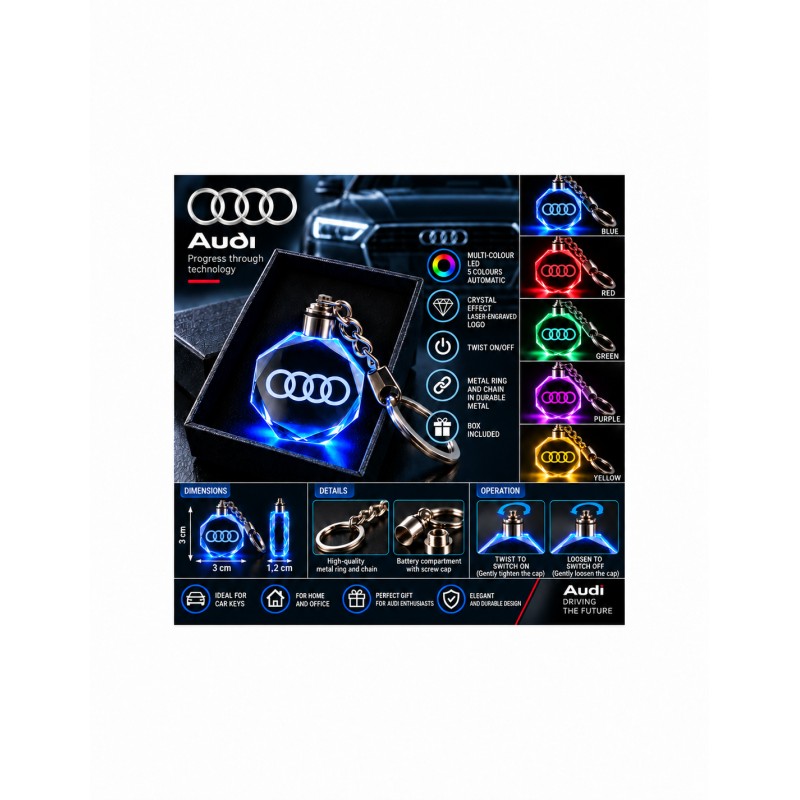 Audi multicolour LED keyring - features and operation