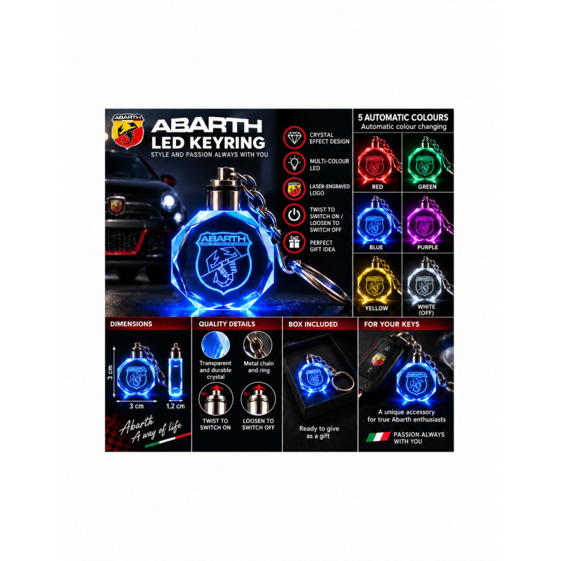 Abarth multicolour LED keyring - features and operation