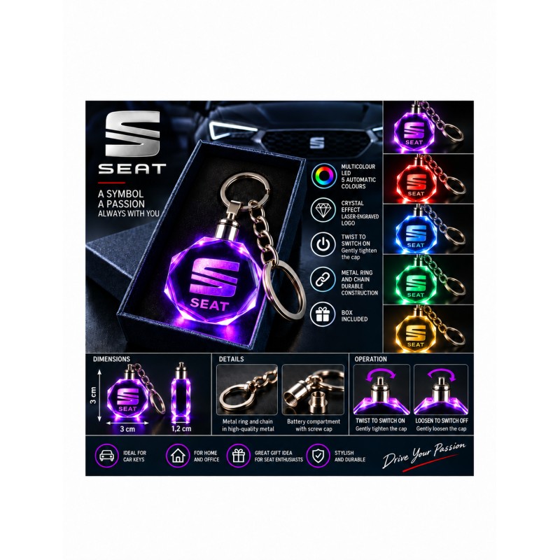 SEAT multicolour LED keyring - features and operation