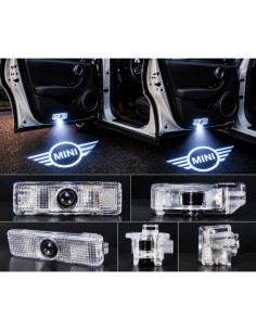 MINI Cooper wired LED door logo lights - product and projection