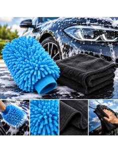 Two-piece microfibre car wash kit with blue mitt and black drying cloth