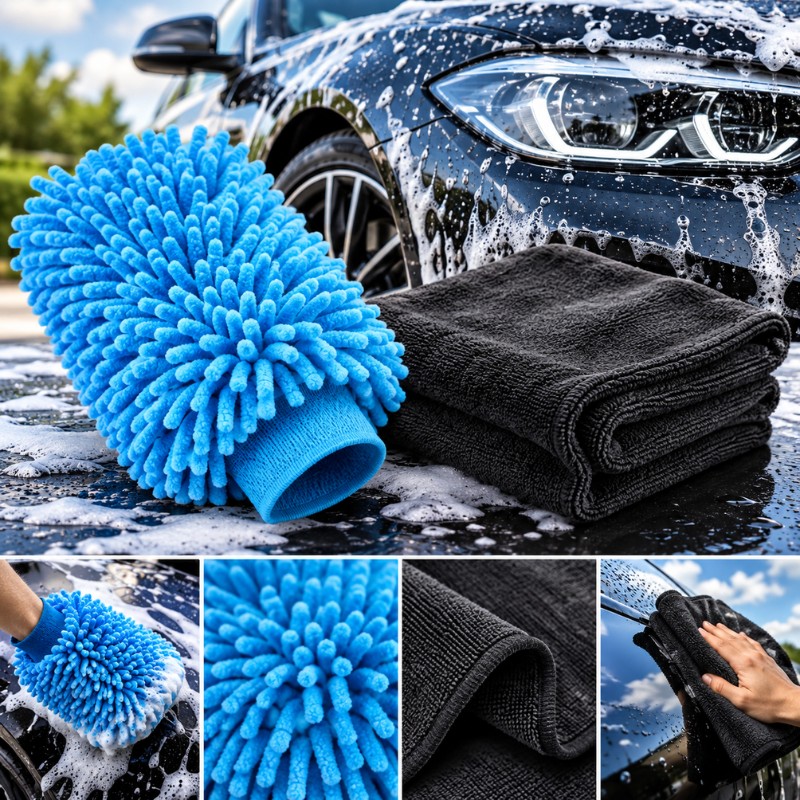 Two-piece microfibre car wash kit with blue mitt and black drying cloth