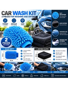 Two-piece microfibre car wash kit with blue mitt and black drying cloth 2