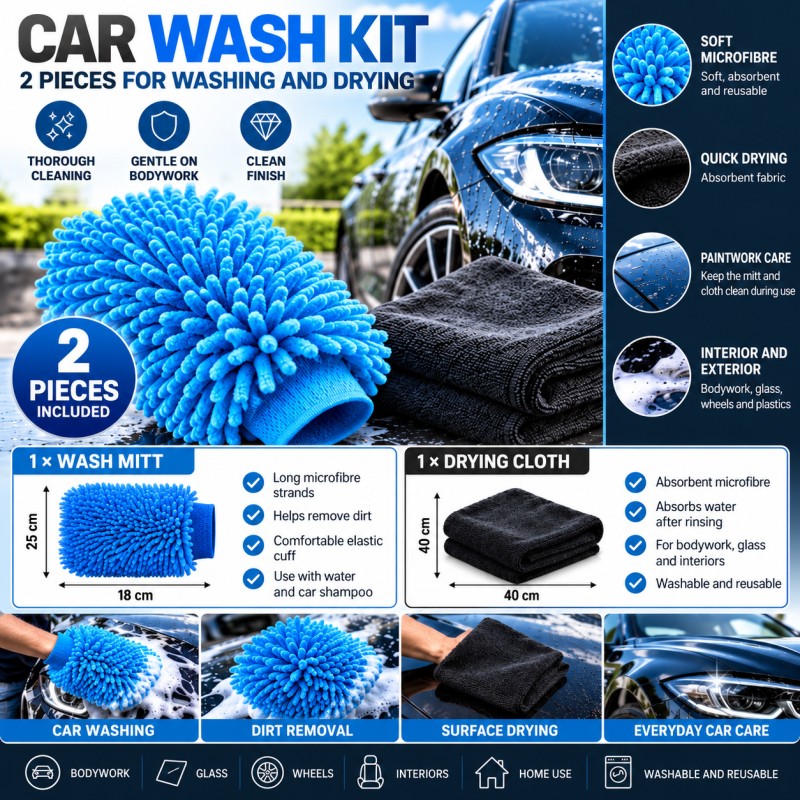 Microfibre wash mitt and drying cloth - features and dimensions in English